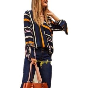 Studio F long sleeved blouse | stripes | tie bell sleeves | v neck